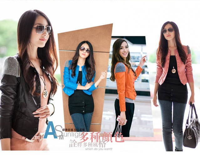 2013 Fashion Formal Women PU Leather Short Style Long Sleeve O-Neck Patchwork Slim Jacket Coat Outerwear