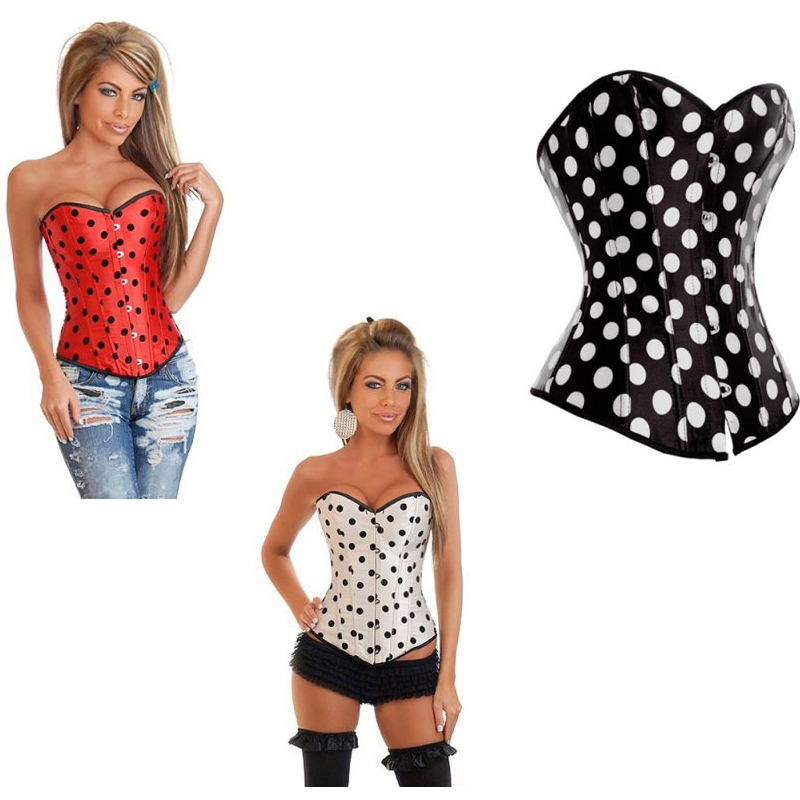 2013 Fashion! Free shipping Sexy Plus Size Sensual Polka Dot Corset red white black overbust strapless bustiers with g string