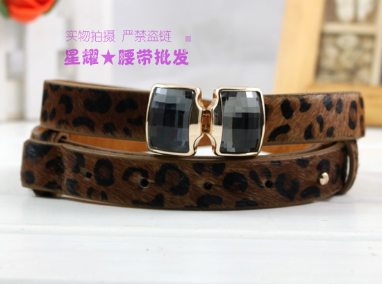 2013 Fashion  hhigh qualityorsehair genuine leather leopard print gem buckle women's thin belt decoration strap free shipping