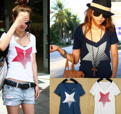 2013 fashion hot sale v-collar five stars t-shirt  020508