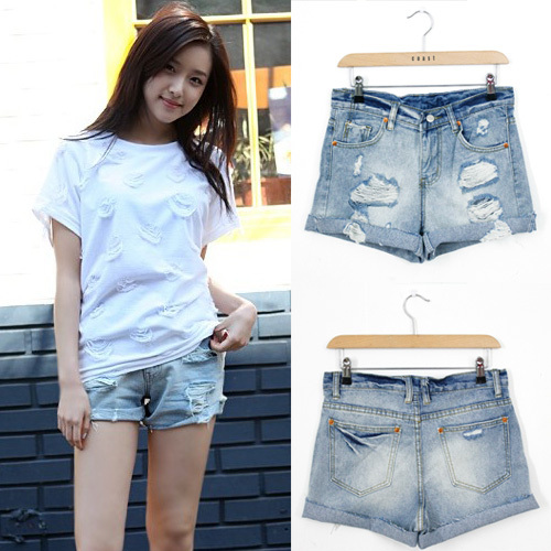 2013 fashion hot-selling roll-up hem wearing white denim shorts holes ripped jeans female trousers Free shipping