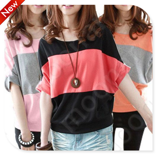 2013 Fashion Korean Style O-Neck Striped Batwing Sleeve Cotta Tops Casual blouse Tee T-shirt for Women E0734