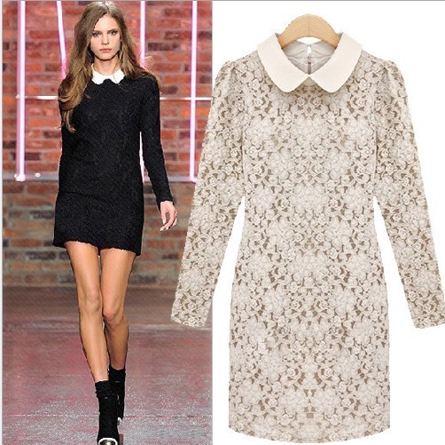 2013 Fashion Ladies' elegant Lace Dress long sleeve Peter Pan collar shift slim dress cascul sexy dress