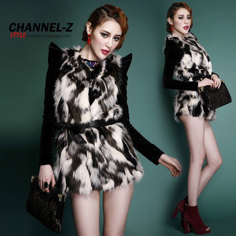 2013 fashion luxury leather belt slim medium-long fancy faux fur vest