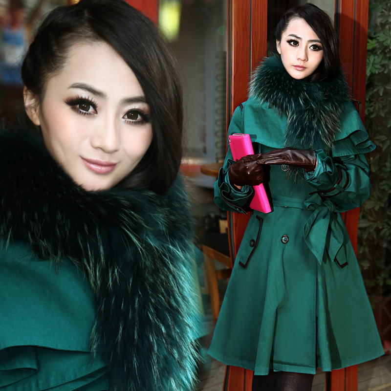 2013 fashion multicolour raccoon fur double breasted trench paragraph slim long design Women down coat