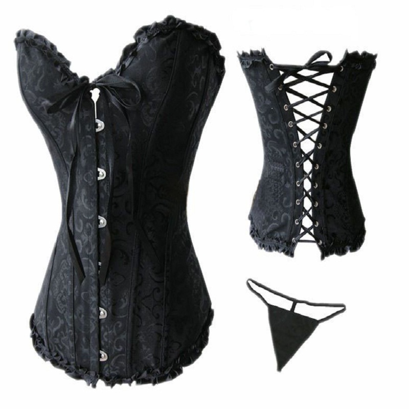 2013 Fashion New Sexy Lace up Steel Bustier G-String Corset Lingerie Underwear Sleepwear Black