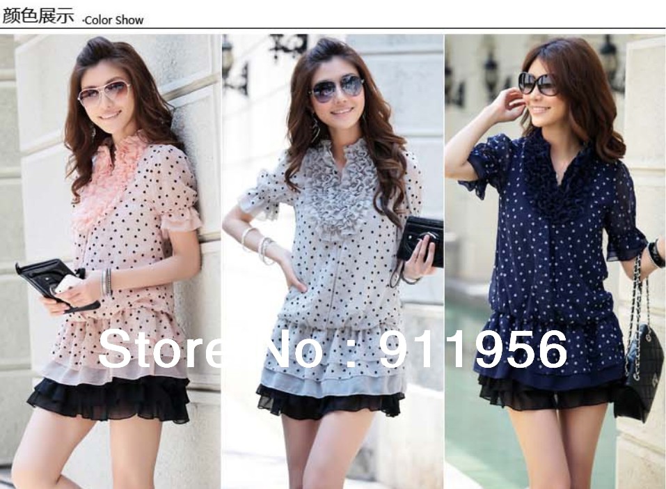 2013 Fashion new Women's Fungus dot Chiffon dress with short sleeves Dress free shipping #150