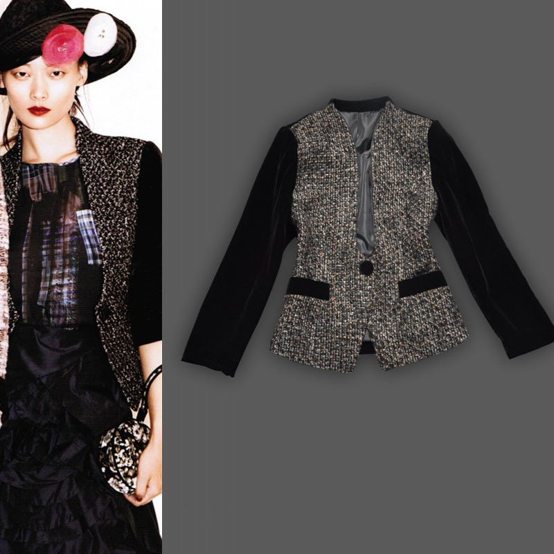 2013 fashion normic magazine woolen velvet patchwork slim fashion short jacket deep v neck woolen suit