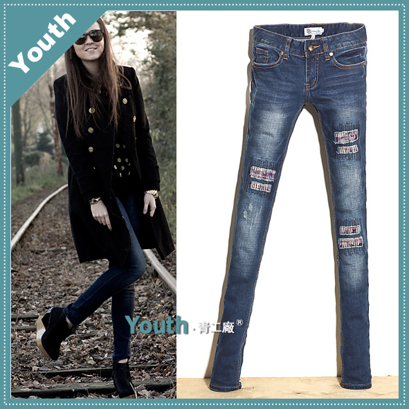 2013 fashion personality check hole patch jeans female low-waist pencil pants