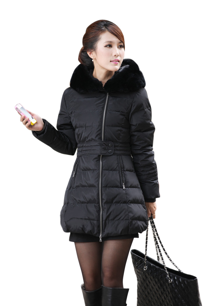 2013 Fashion Rabbit Fur Collar Slim Women's Down Coat Long Warm Winter Hooded Jacket Free shipping WWY007