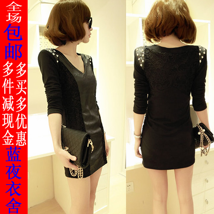 2013 fashion sexy one-piece dress slim hip leather skirt slim basic skirt long-sleeve dress