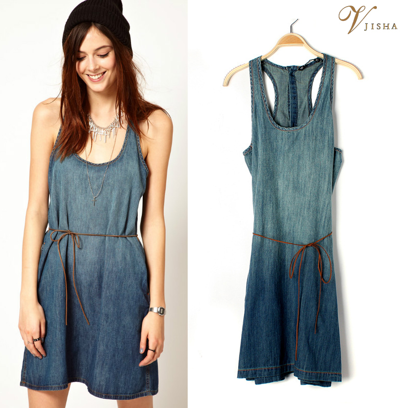 2013 fashion spring and summer vintage denim tank dress leather belt nostalgic color handsome denim one-piece dress