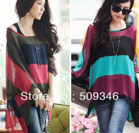 2013 Fashion Spring Autumn Women Chiffon Striped Casual Loose Long Blouse Tops Shirts Batwing Two Piece Suit Red Blue Free Shipp