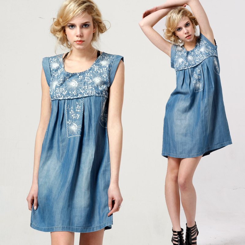 2013 fashion summer denim tencel embroidered water wash vest hot-selling one-piece dress