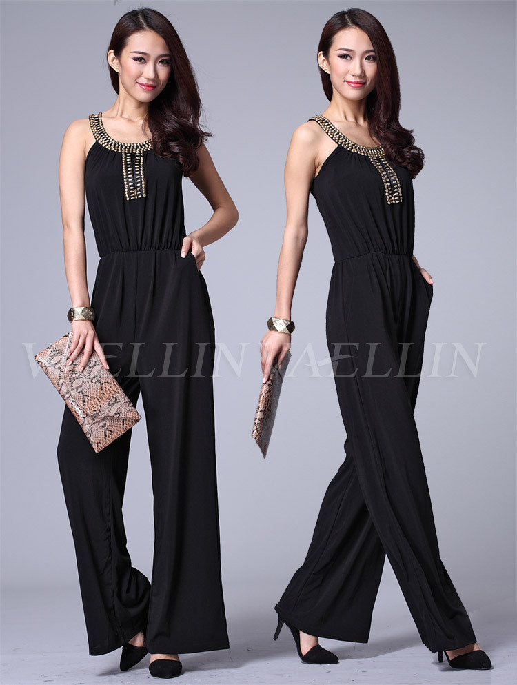 2013 Fashion Summer V-Neck Jumpsuit Nail Bead Wide Leg Jumpsuit Women Sexy Female Overalls Black Free shipping