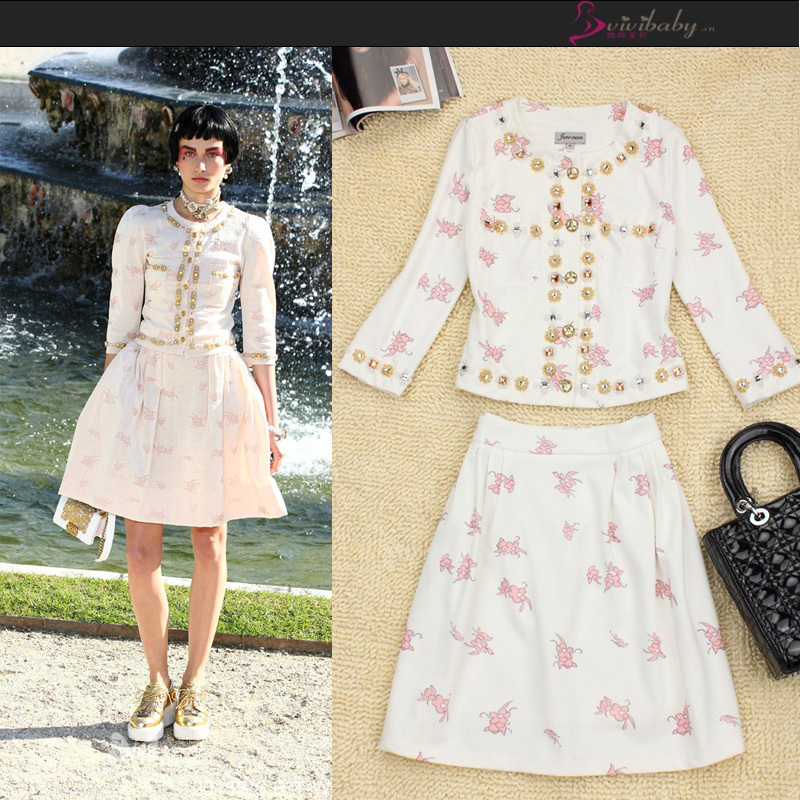 2013 fashion vintage elegant beading print long-sleeve professional female set skirt twinset