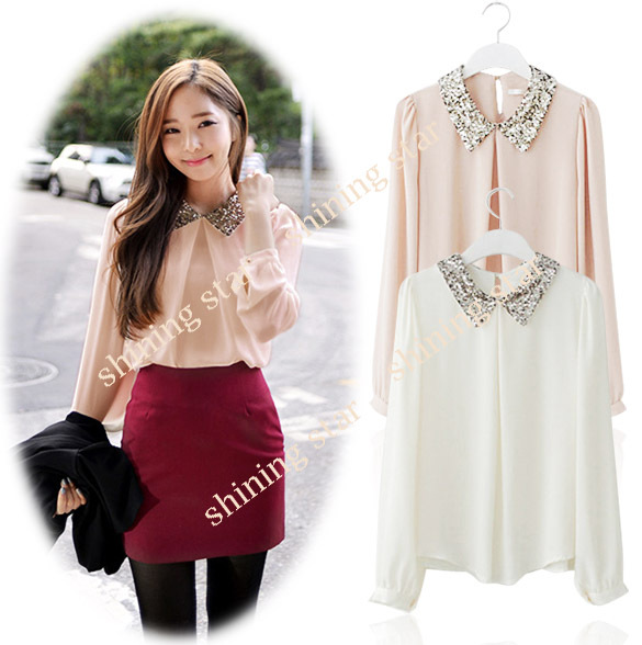 2013 fashion Vintage Women's Puff Sleeve Sheer Loose  Blouse Sequins Peter Pan Collar top Blouse 10179