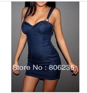 2013 fashion woman Celebrity Style Vintage Chest wrap Strap DENIM Dress Jeans Over Hip  A2426