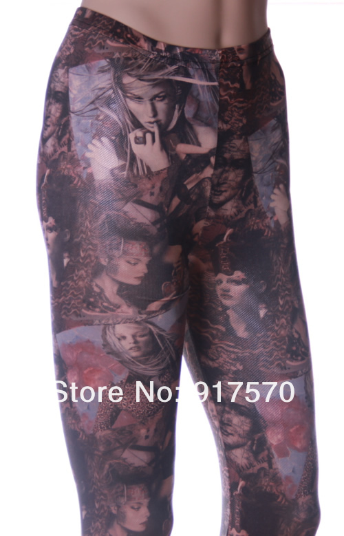 2013 Fashion Woman Faux Leather Leggings Graffiti Punk Cartoon Portrait Tights Pants Shipping With Tracking Number