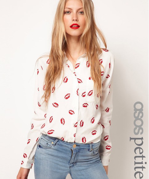 2013 fashion women asos stye hot sale lip print shirt/ Europe style female long sleeve nylon classic white black blouses