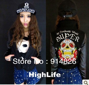 2013 fashion women baseball jacket coat outerwear,Sweethearts outfit,skull embroidery,leather sleeve,free shipping