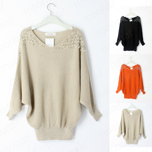 2013 Fashion Women Chic Beads Knitwear Sweater Batwing Sleeve Smocks Tops Blouse OL Casual Lovely sweater E0890