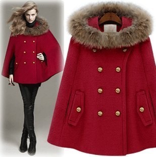 2013 fashion women coat long Fashion fur collar poncho with a hood overcoat outerwear red meters camel plus size free shipping