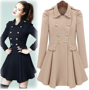 2013 fashion women coat long Fashion pleated puff sleeve slim waist skirt double breasted cool trench outerwear blue beige