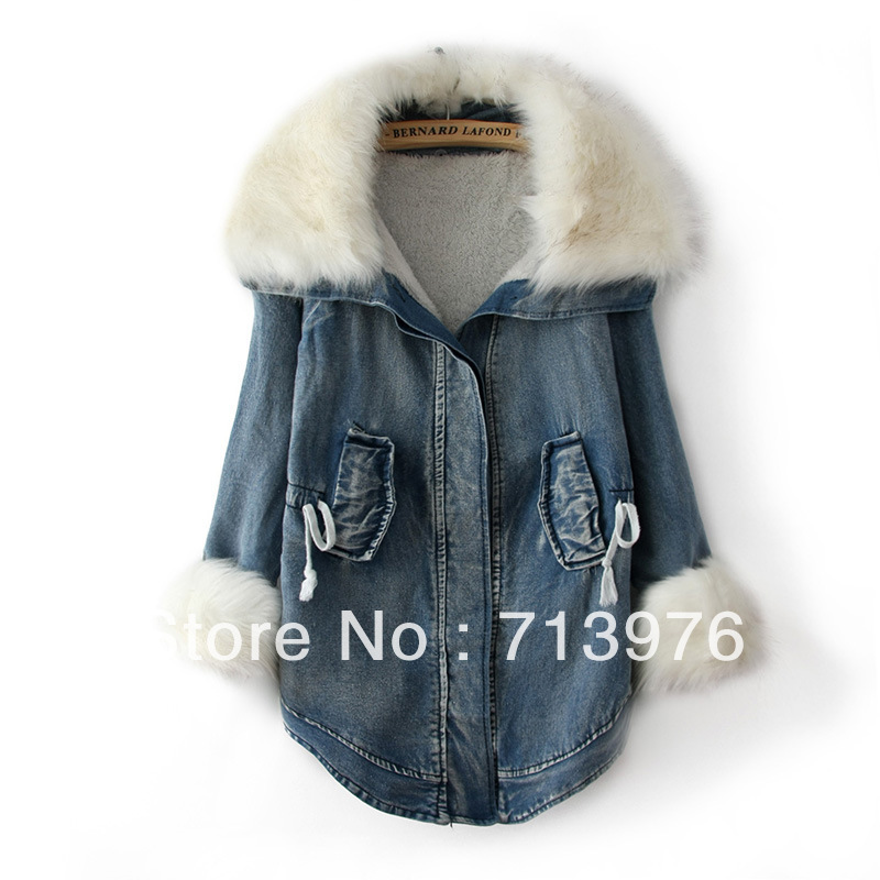 2013 FASHION WOMEN DENIM COATS WITH FUR COLLAR,WOMEN WARM OVERCOAT,LADIES JACKETS,FREE SHIPPING