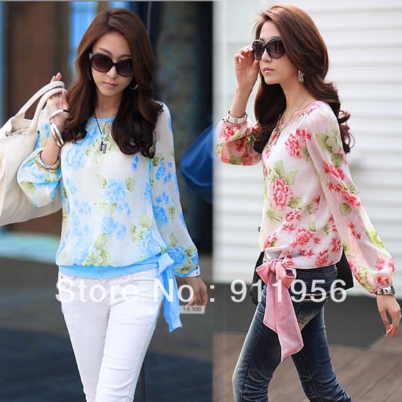 2013 Fashion Women's Floral Print Pattern Chiffon Blouses Casual Puff Long Sleeve Tops Shirt Free Shipping #29