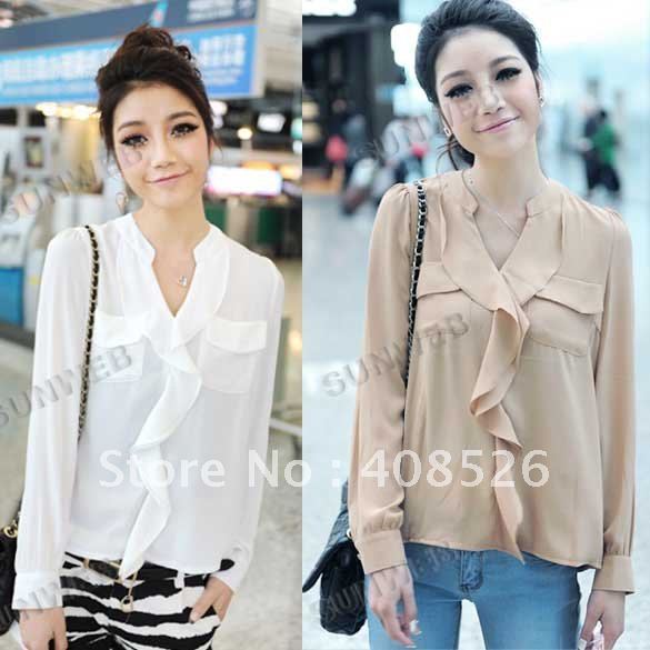 2013 Fashion Women's Ladies' Stand Collar Long Sleeve shirt elegant chiffon blouse With Pockets White, khaki free shipping 5656