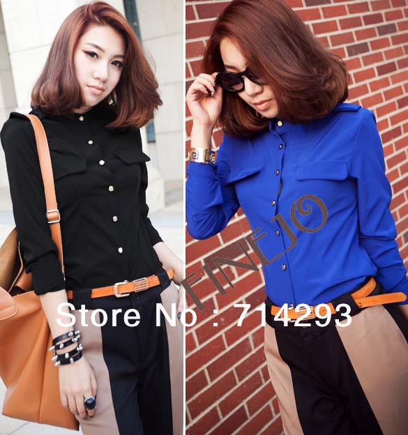 2013 Fashion Women's Long sleeve Chiffon Shirt Blouse black Blue Free shipping 9621