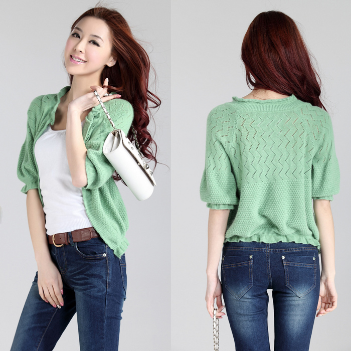 2013 fashion women's peter pan collar knitted cutout lantern puff sleeve cardigan shrug female