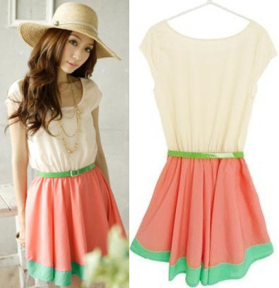 2013 Fashion Women's Sexy Color Matching Mini Dresses Colorful Sweet Dress  (With Belt) Free shipping