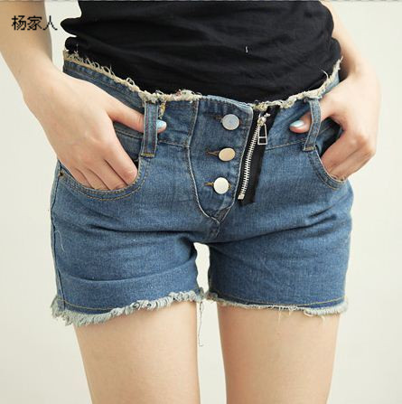 2013 fashion women's slim roll up hem 3 buckle denim shorts retro finishing single-shorts