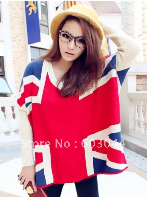 2013 FASHION WOMEN'S SWEATERS +CASUAL UNION JACK LONG SLEEVE V-NECK LOOSE FIT SWEATER JUMPER + FREE SHIPPING (1PC) 1241