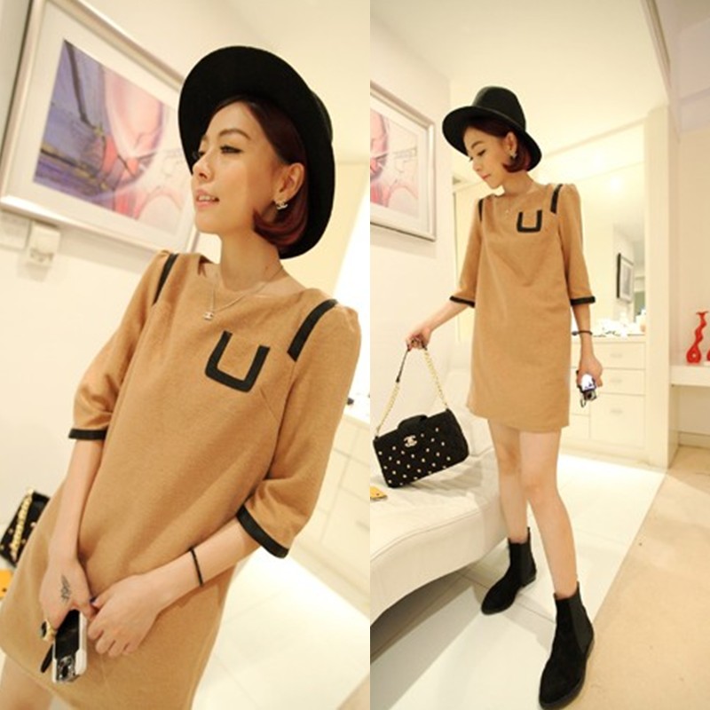 2013 fashion woolen leather pocket half sleeve all-match slim women's one-piece dress