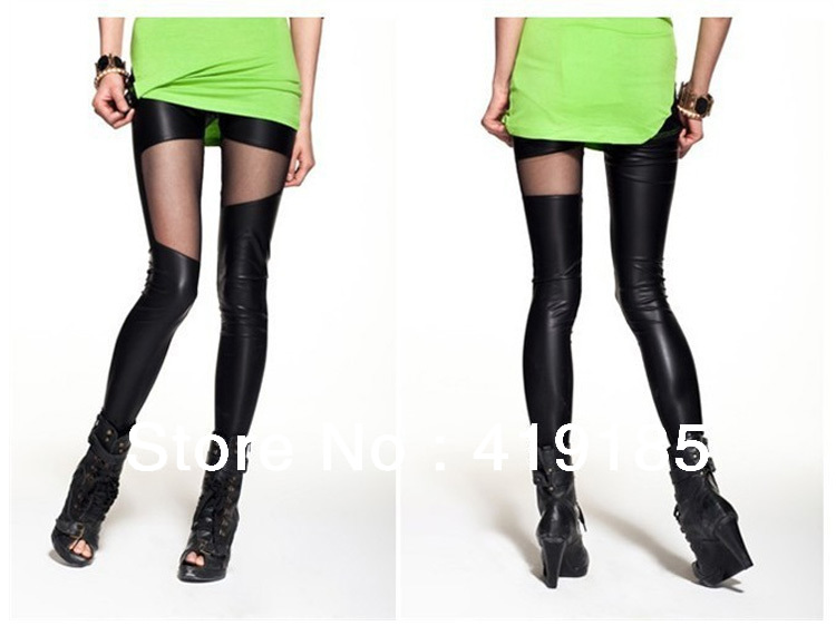 2013 fashionable style women's imitation leather grenadine leggings/sock tights stockings/black split joint 5pcs/lot(W-sock-10)