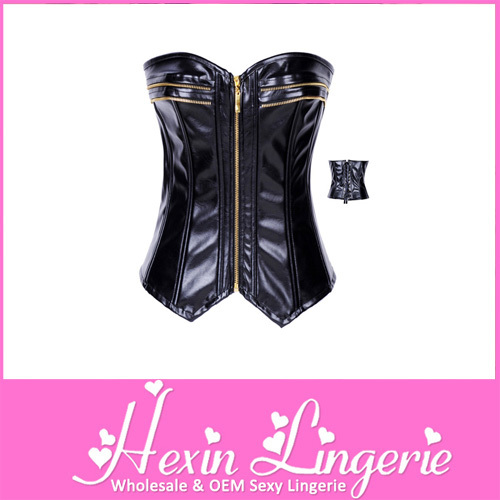 2013 Fashon zipper front Leather Corset top LB4058 Size S, M, L, XL