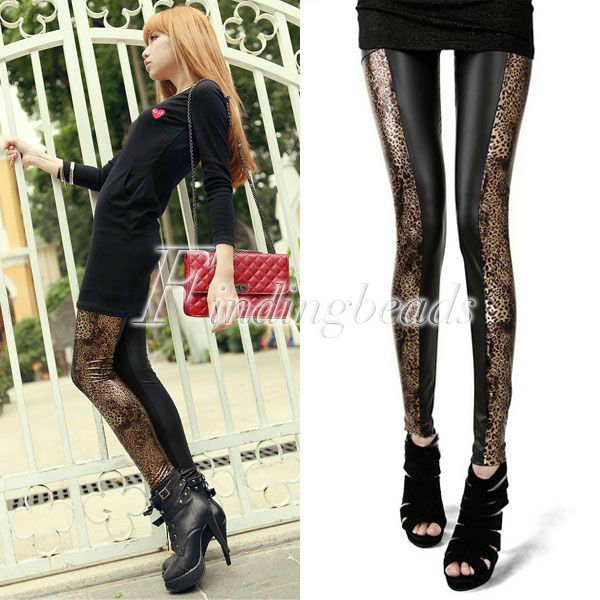 2013 Faux Leather Fashion Sexy Leopard Grain Stripe Legging Stretchy Elasticty VQ157