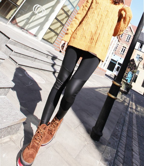 2013 faux leather patchwork legging autumn long trousers black female elastic skinny pants