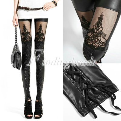 2013 Faux PU Leather Gothic Punky Embossed Decorative Pattern Tatoo Tight Leggings Black For Women