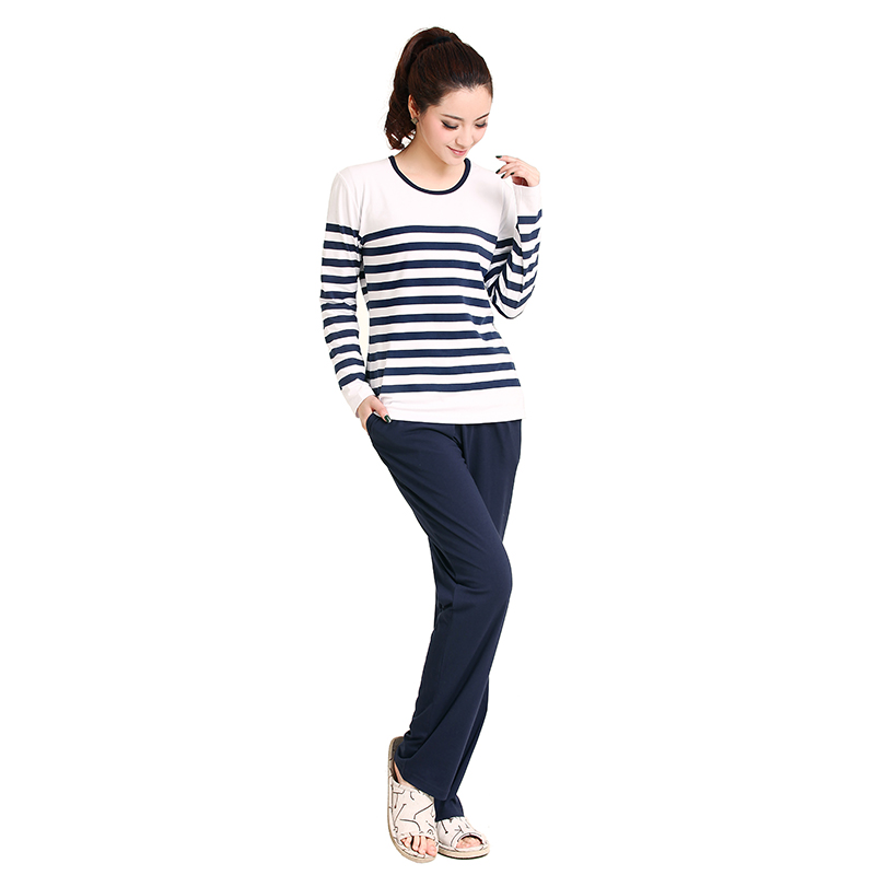 2013 female 100% cotton stripe long sleeve length pants lounge o-neck fashion sleepwear