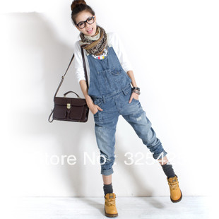 2013 female bib pants multi-pocket nostalgic distrressed loose plus size denim suspenders trousers casual jumpsuits for women