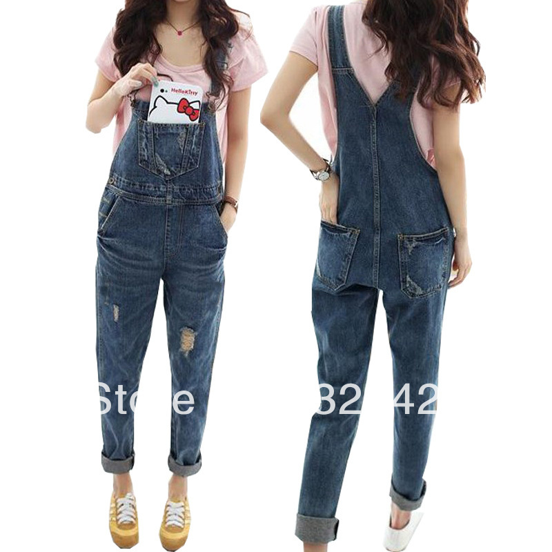 2013 female bib pants multi-pocket reminisced distrressed loose denim plus size suspenders trousers fashion women denim pants