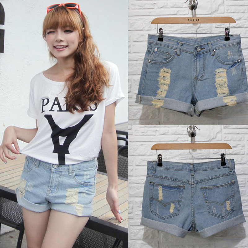 2013 female casual loose distrressed roll-up hem light color denim shorts