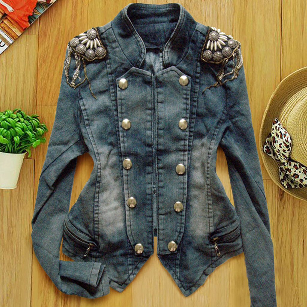 2013 Female Cowboy Jeans Coat Stand Collar Double Breasted Shoulder Knot Jackets WF13031203