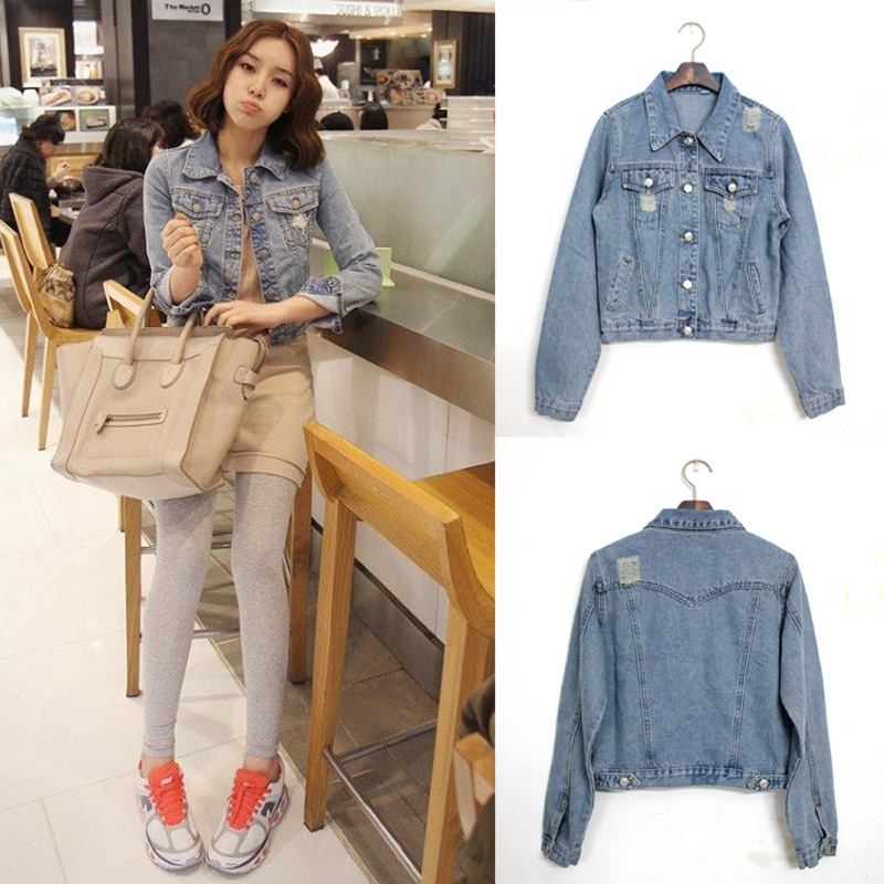 2013 female denim outerwear long-sleeve water wash distrressed denim short jacket denim coat Free shipping