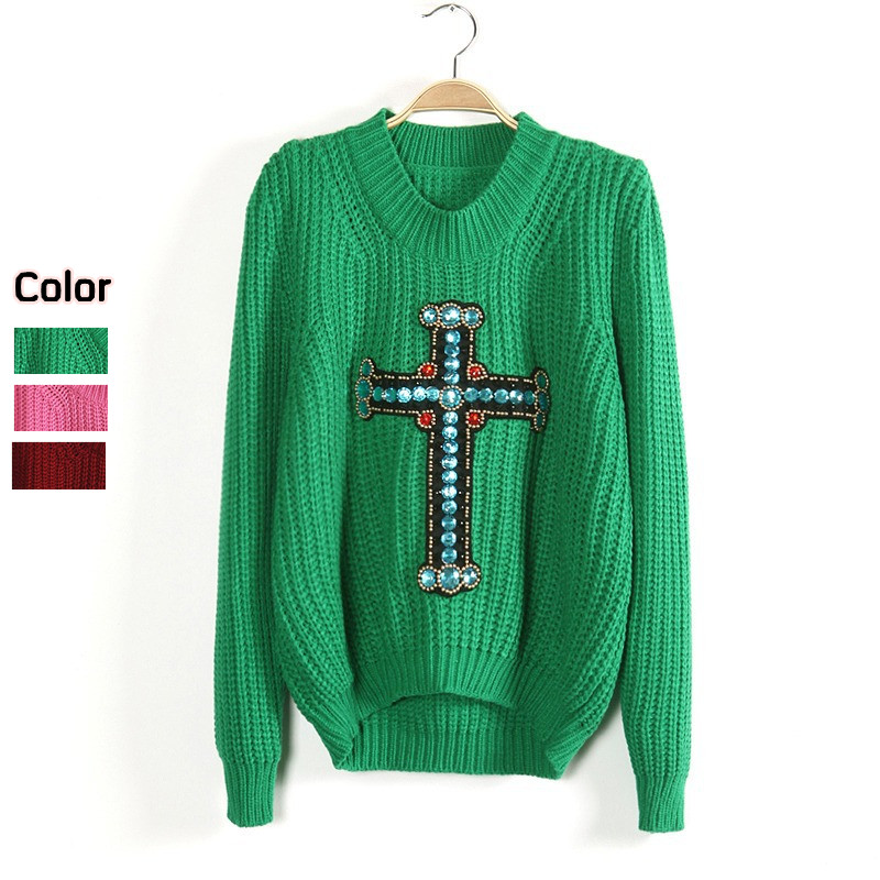 2013 female low-high baroque gem cross knitted sweater handmade beading gem sweater free shipping