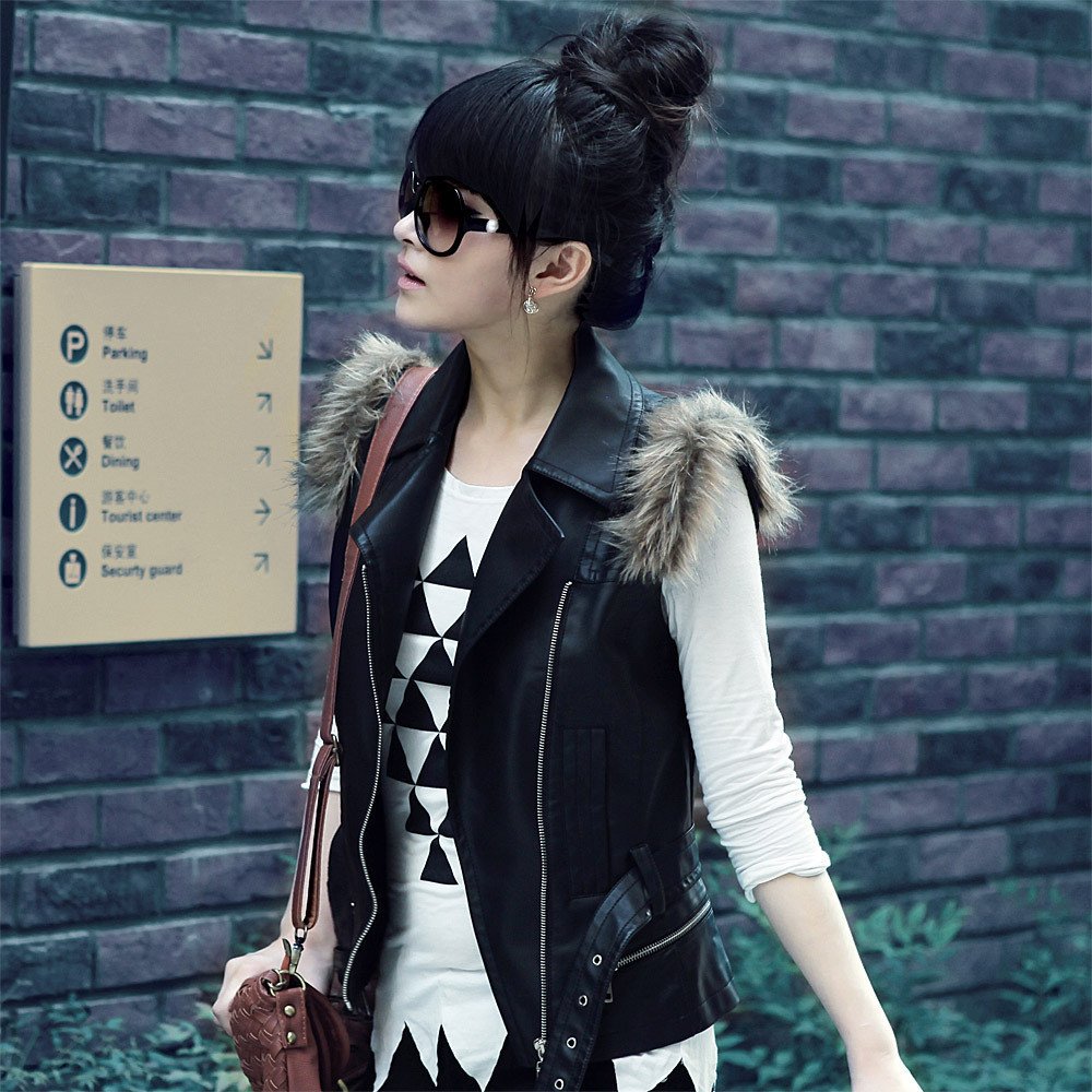 2013 female spring motorcycle short design CLASSIC  fur leather jacket  women's leather vest 1g1230d0